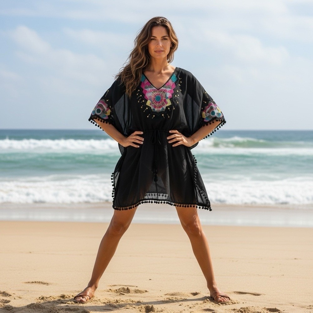 Astoria Vtg Large 100% Black Cobweb Embriodered Sheer Beach Cover Up Pom Pom Hem